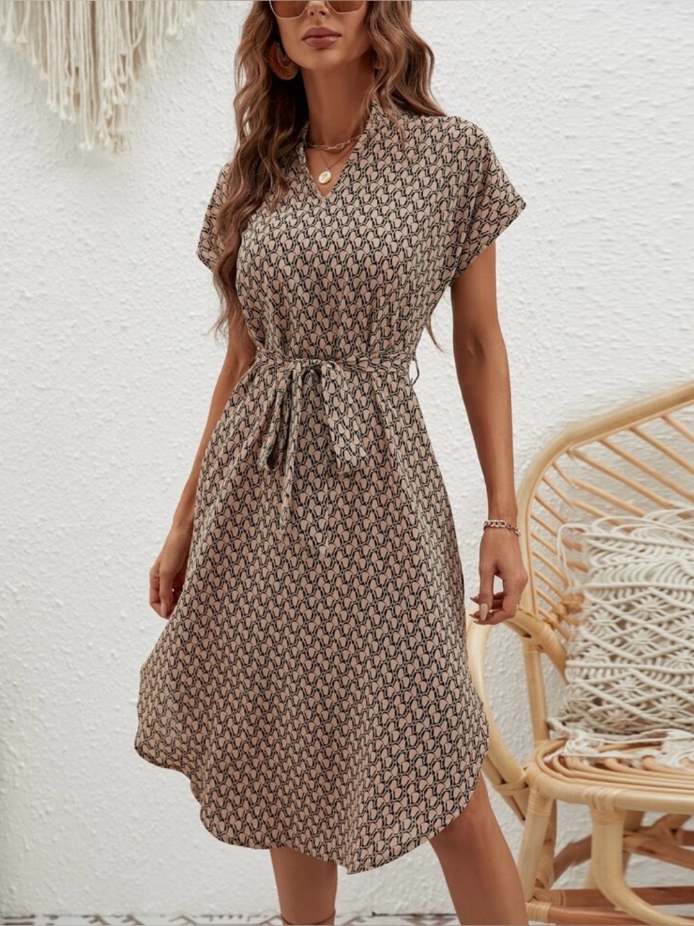 Casual Tie-Waist Midi Dress in Taupe Print